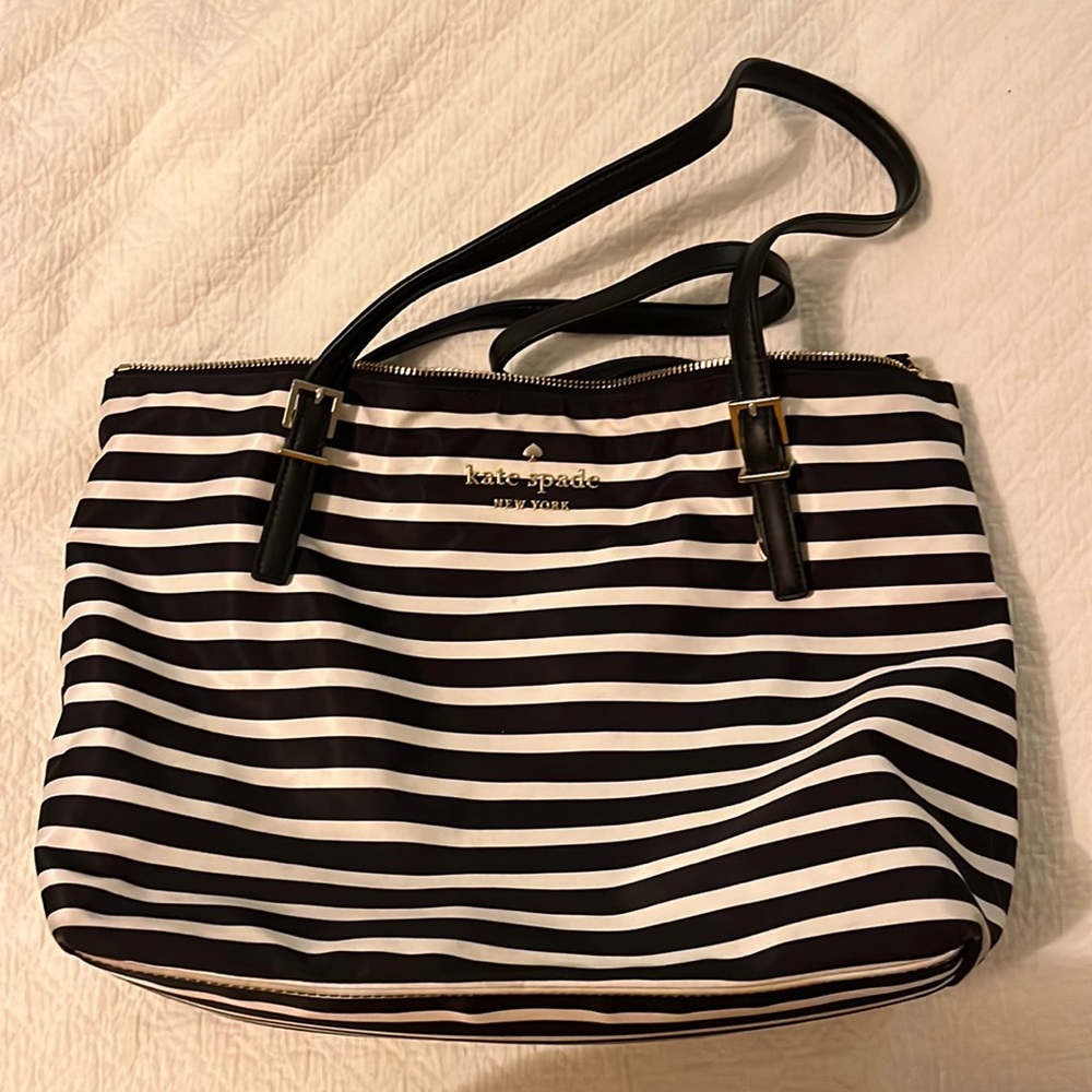Nylon black and white stripe Kate Spade tote